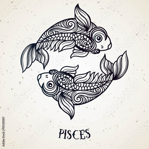 Beautiful line art filigree zodiac symbol. Black sign on vintage background.Elegant jewelry tattoo.Engraved horoscope symbol.Doodle mystic drawing with calligraphy lettering.Pisces