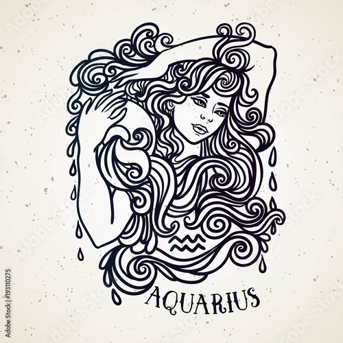 Beautiful line art filigree zodiac symbol. Black sign on vintage background.Elegant jewelry tattoo.Engraved horoscope symbol.Doodle mystic drawing with calligraphy lettering.Aquarius
