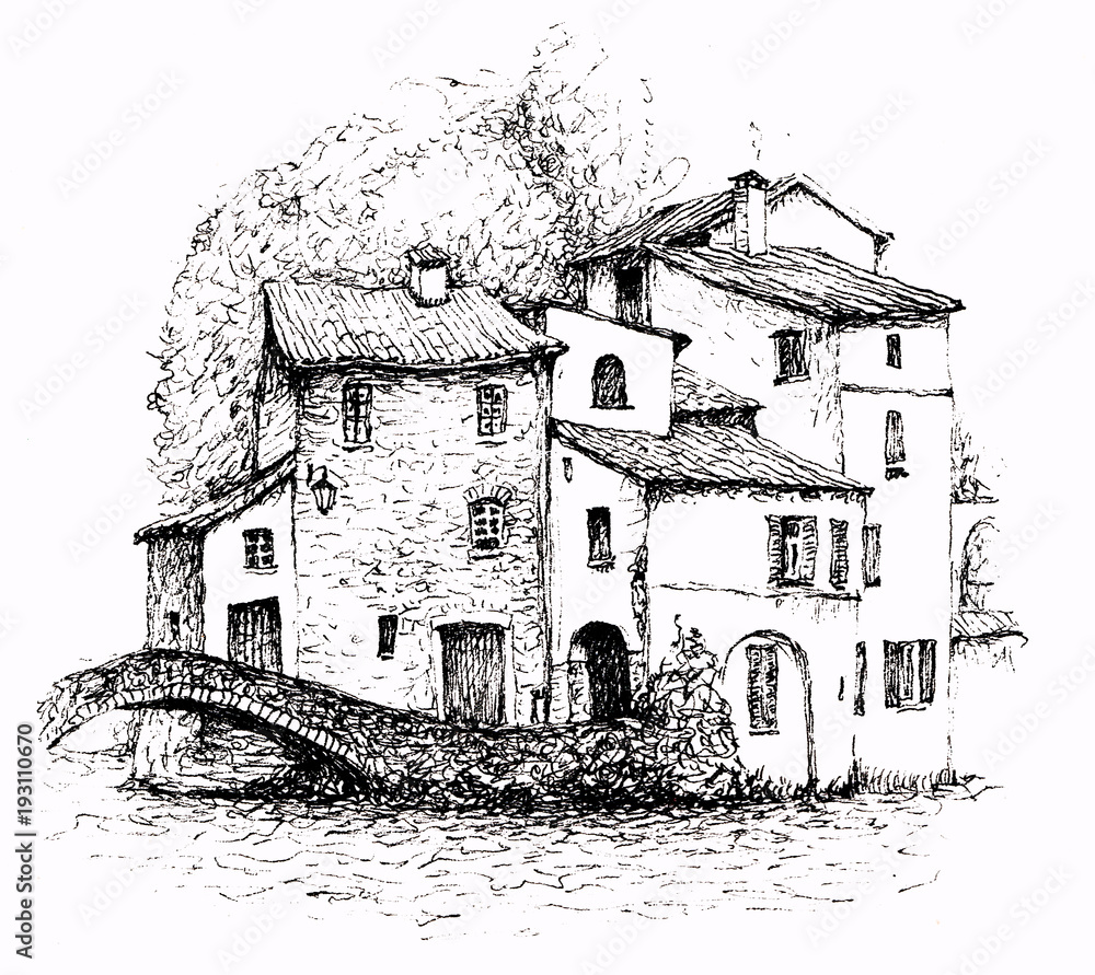 A pen sketch of Italian landscape - a village on a lake called Como, in the Alps. Old stone houses with tile roofs, trees behind them and a little bridge. Ink drawing isolated on white background.