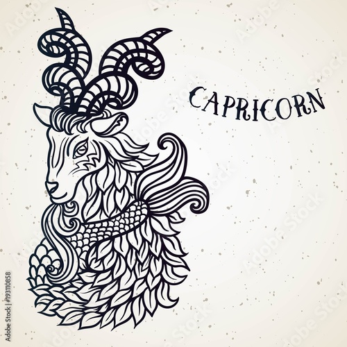 Beautiful line art filigree zodiac symbol. Black sign on vintage background.Elegant jewelry tattoo.Engraved horoscope symbol.Doodle mystic drawing with calligraphy lettering.Capricorn