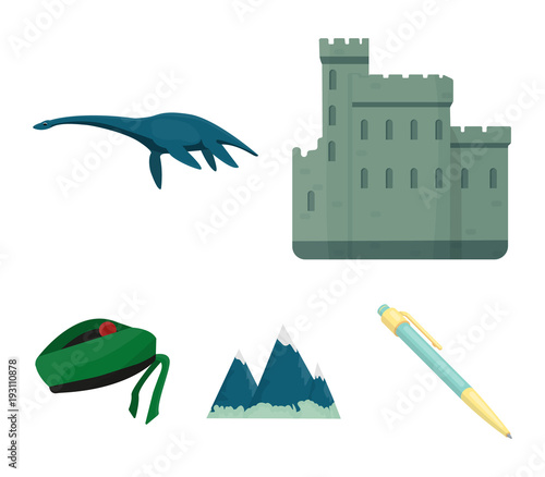 Edinburgh Castle, Loch Ness Monster, Grampian Mountains, national cap balmoral,tam o’shanter. Scotland set collection icons in cartoon style vector symbol stock illustration web.