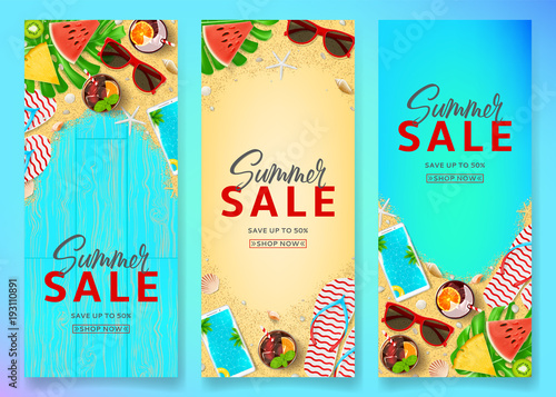 Set of summer sale vertical banners. Top view on Summer compositions on sea sand and wooden texture. Vector illustration with special discount offer. Templates of invitation, brochure or voucher.