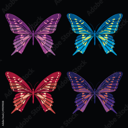 Set collection of butterflies isolated on black background. Vector illustration. Embroidery elements for patches, badges, stickers, greeting cards, patterns