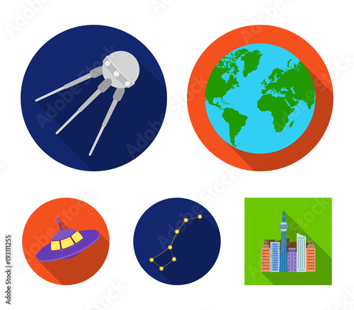 Planet Earth with continents and oceans, flying satellite, Ursa Major, UFO. Space set collection icons in flat style vector symbol stock illustration web.