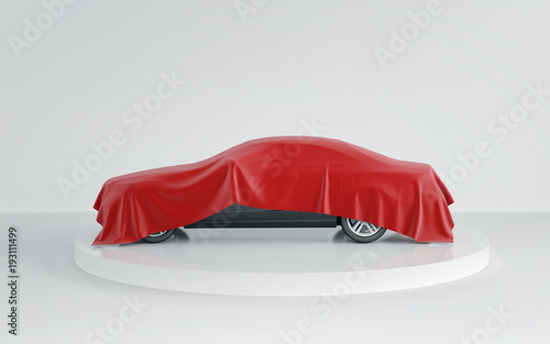 New black car hidden under red cover on white background. 3d render