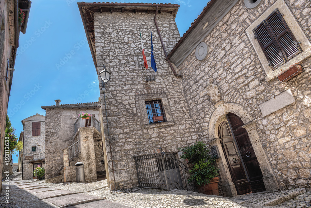 View of the Medieval Town of Fumone, narrow streets and medieval buidings
