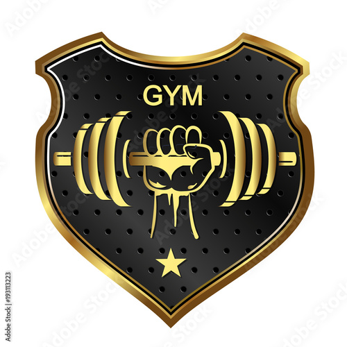 Dumbbell in hand and shield