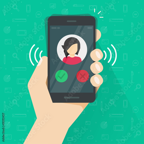 Smartphone or mobile phone ringing or calling vector illustration, flat cartoon black cellphone call or vibrate with contact info on display in hand, ring of phone icon