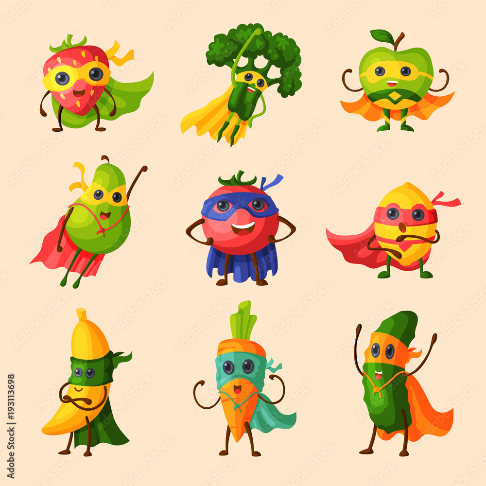 Superhero fruits vector fruity cartoon character of super hero expression vegetables with funny apple banana or pepper in mask illustration fruitful vegetarian diet set isolated on white background Superhero fruits vector fruity cartoon character of super hero expression vegetables with funny apple banana or pepper in mask illustration fruitful vegetarian diet set isolated on white background