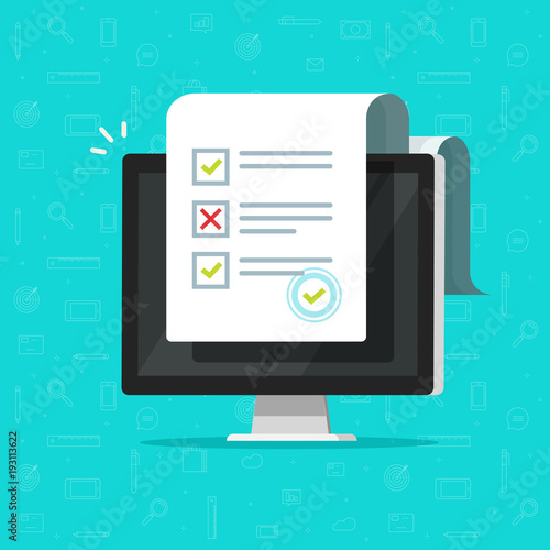 Online form survey on computer vector illustration, flat cartoon desktop pc showing long quiz exam paper sheet document icon, on-line questionnaire results, check list or internet test