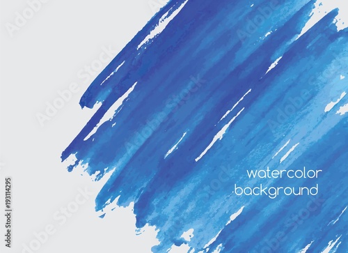 Abstract hand painted watercolor horizontal background with paint blots, scribbles, stains or smears of vivid azure blue color. Gorgeous aquarelle backdrop. Bright colored vector illustration.