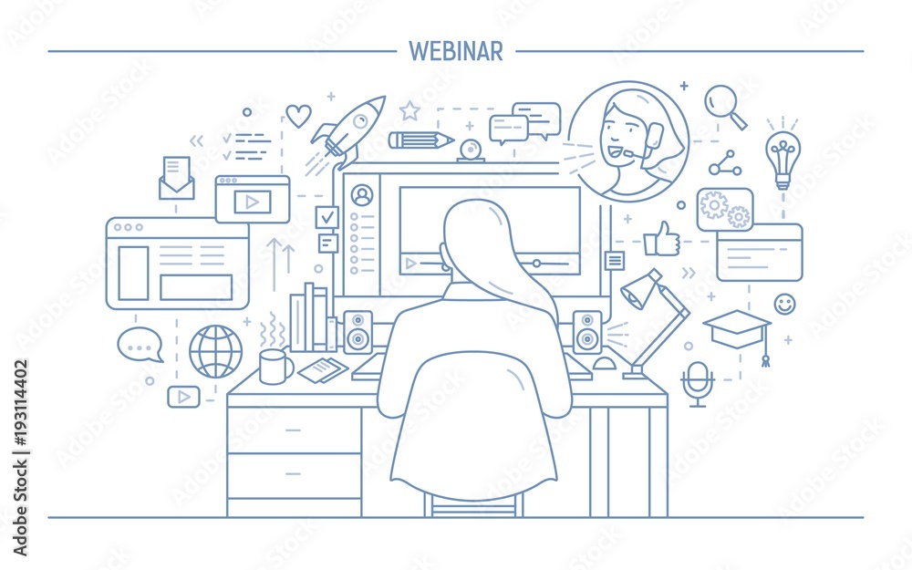 Woman sitting at computer surrounded by web symbols and watching webinar or online lecture, back view. Girl listening to internet lesson drawn with lines on white background. Vector illustration. Woman sitting at computer surrounded by web symbols and watching webinar or online lecture, back view. Girl listening to internet lesson drawn with lines on white background. Vector illustration.