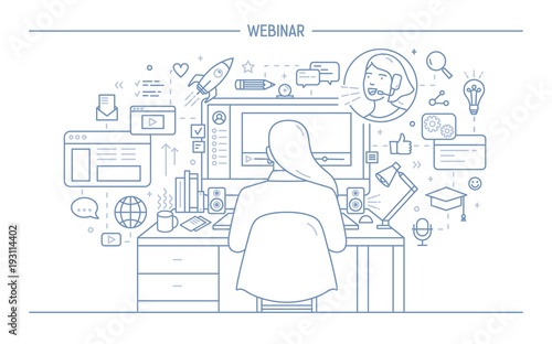 Woman sitting at computer surrounded by web symbols and watching webinar or o...