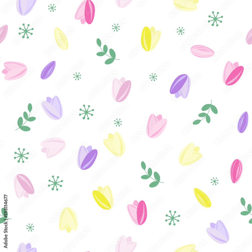 Simple vector seamless pattern. Tulip buds and leaves. Pink, yellow and purple flowers wiht green leaves on white background. Simple vector seamless pattern. Tulip buds and leaves. Pink, yellow and purple flowers wiht green leaves on white background.