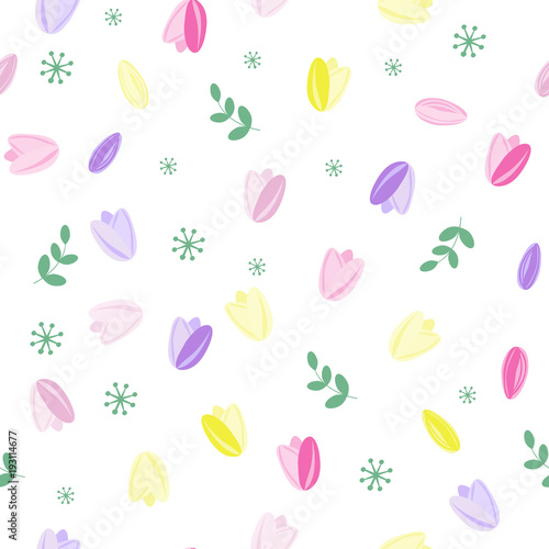 Simple vector seamless pattern. Tulip buds and leaves. Pink, yellow and purple flowers wiht green leaves on white background.