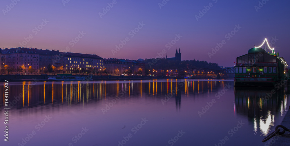 Prague, Czech Republic. Vltava river and old town before sunrise. 