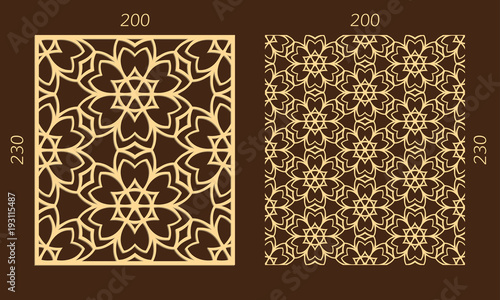 Laser cutting set. Woodcut vector trellis panel. Plywood lasercut eastern design. Hexagonal seamless pattern for printing, engraving, paper cutting. Stencil lattice ornament.