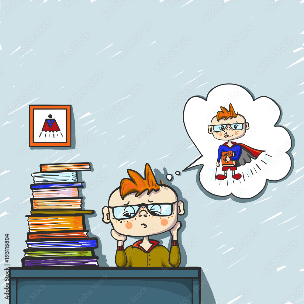 upset little boy red hair dreams behind a pile of books, coloured drawing hand paint, little dreamer, superhero, children emotion, school day