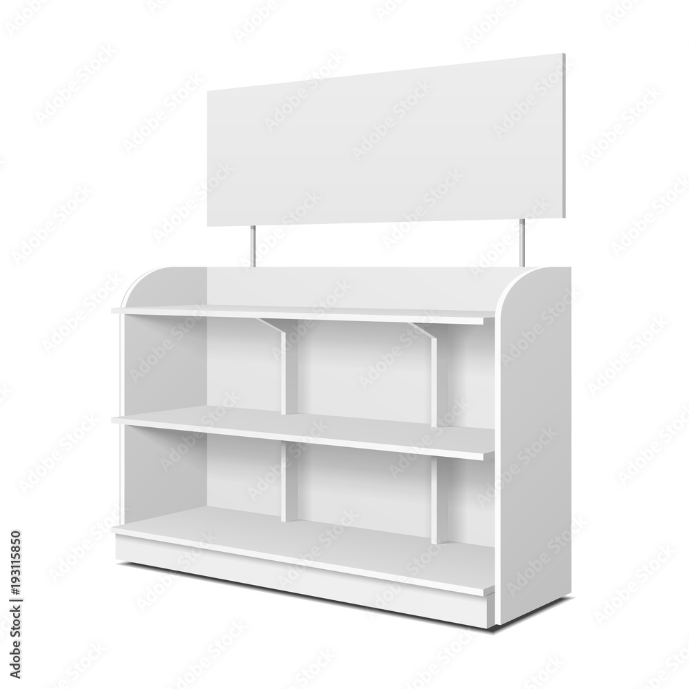 Blank Empty Showcase Displays With Retail Shelves, Trading Rack. Mock Up, Template. Illustration Isolated On White Background. Ready For Your Design. Product Advertising. Vector EPS10. Blank Empty Showcase Displays With Retail Shelves, Trading Rack. Mock Up, Template. Illustration Isolated On White Background. Ready For Your Design. Product Advertising. Vector EPS10.