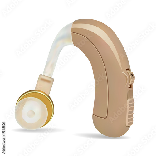 Hearing aid behind the ear. Sound amplifier for patients with hearing loss. Treatment and prosthetics in otolaryngology. Medicine and health. Realistic object on  white background. Vector 