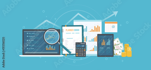 Concept of accounting, analysis, audit, calculation. Auditing tax process. Business background. Laptop with graphics, charts, documents, planner, calendar, magnifying glass, calculator, money. Vector