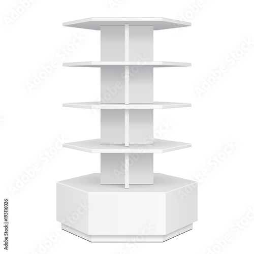 Hexagon, Hexagonal POS POI Cardboard Floor Display Rack For Supermarket Blank Empty. Mock Up. Illustration Isolated On White Background. Ready For Your Design. Product Advertising. Vector EPS10
