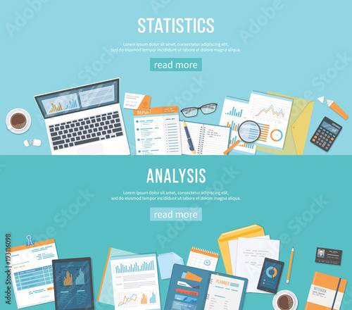 Set of banners backgrounds for business and finance. Statistics, analysis, analytics, accounting, calculation, report. Documents, graphics, folders, notebook, envelope, pen, calendar. Vector