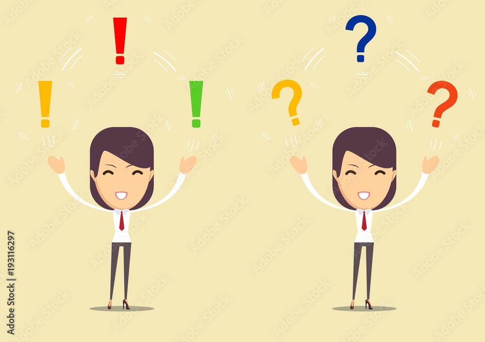 Beautiful young lady thinking with exclamation and question marks overhead. Stock flat vector illustration.