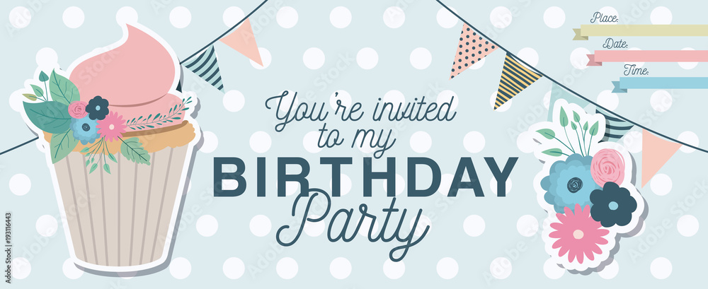 Fototapeta happy birthday party invitation with floral decoration and cupcake vector illustration