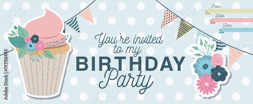happy birthday party invitation with floral decoration and cupcake vector illustration