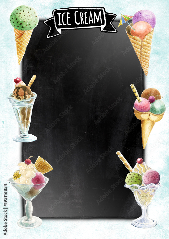 Cartel de helados con fondo de pizarra, montaje para menu Stock  Illustration | Adobe Stock