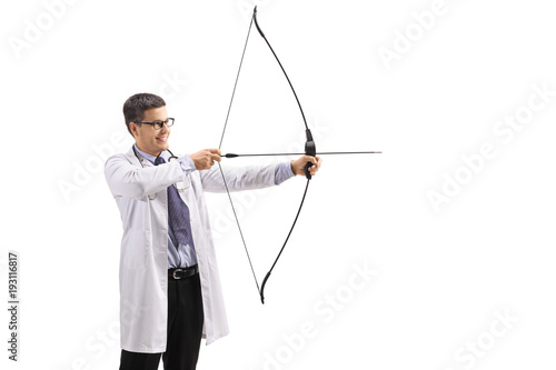 Doctor aiming with a bow and arrow
