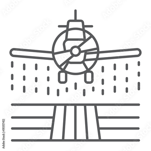 Plane sprays pesticides thin line icon, farming and agriculture, farm crop duster sign vector graphics, a linear pattern on a white background, eps 10.