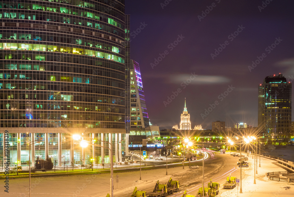 Night view of the Moscow International Business Center, also referred to as Moscow City is a commercial district in central Moscow, Russia