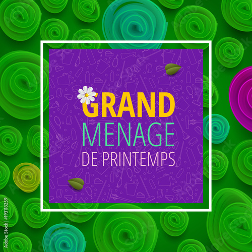 Spring cleaning with set of cleaning supplies and tools pattern. Spring cleaning background. Grand ménage de printemps.
