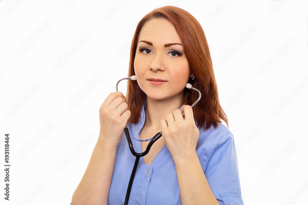 Doctor nurse in blue dressing gown with phonendoscope isolated white background.