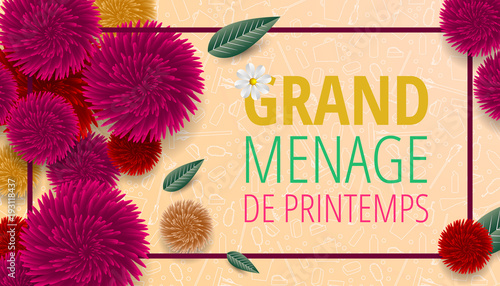 Spring cleaning with set of cleaning supplies and tools pattern. Spring cleaning background. Grand ménage de printemps.