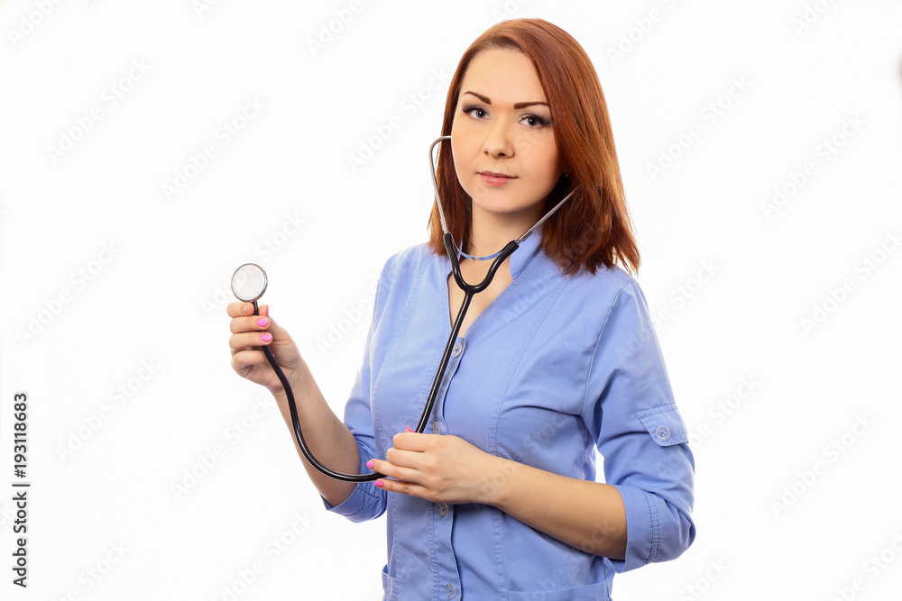 Doctor nurse in blue dressing gown with phonendoscope isolated white background. Doctor nurse in blue dressing gown with phonendoscope isolated white background.