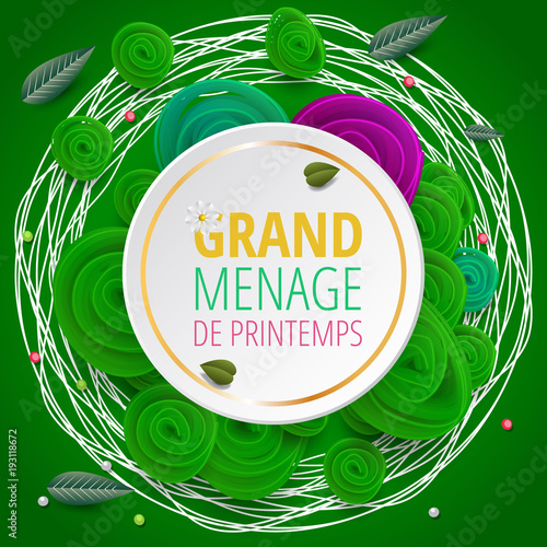 Spring cleaning with set of cleaning supplies and tools pattern. Spring cleaning background. Grand ménage de printemps.