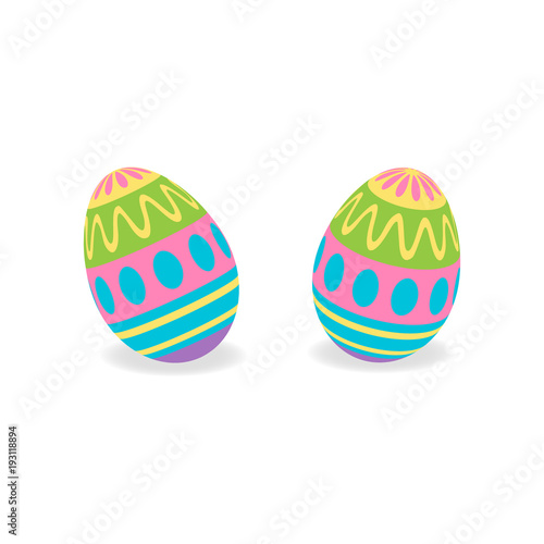 Colorful painted traditional easter eggs, vector graphic illustration. Set of two 3D easter egg objects with shadow, isolated.