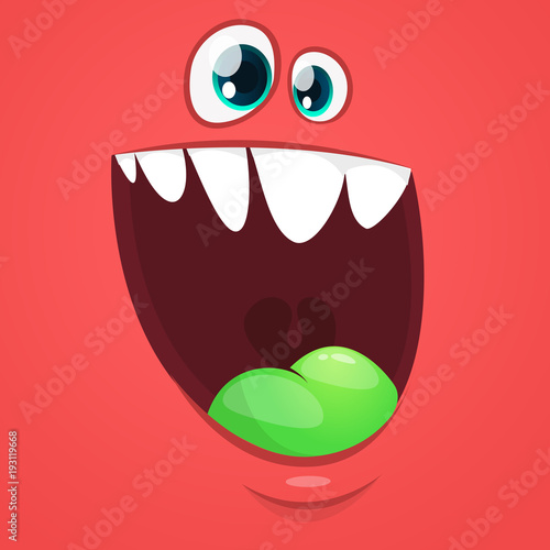 Happy cartoon monster face. Vector Halloween excited red monster with wide mouth