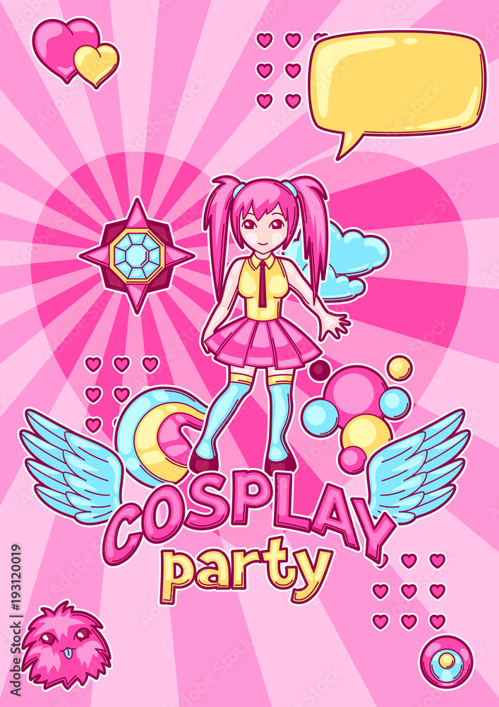 Japanese anime cosplay party invitation. Cute kawaii characters and items