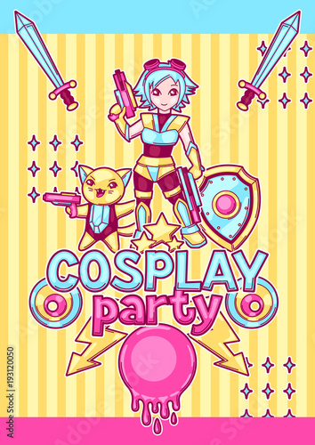 Japanese anime cosplay party invitation. Cute kawaii characters and items
