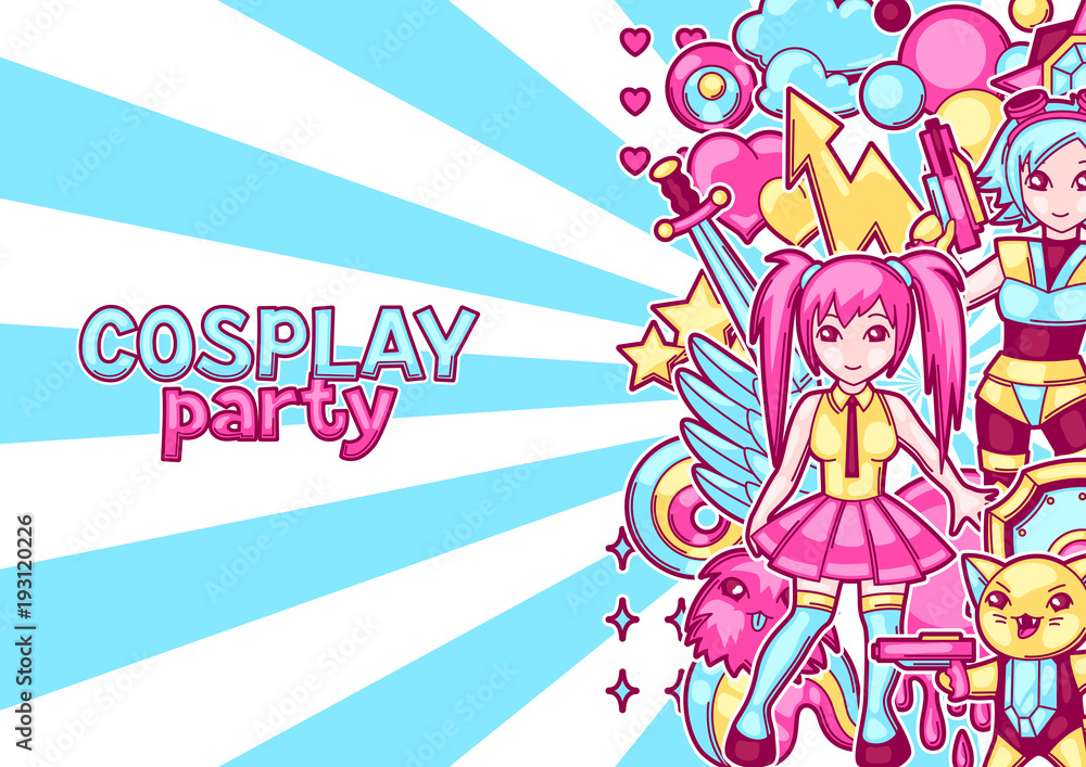 Japanese anime cosplay party invitation. Cute kawaii characters and items Japanese anime cosplay party invitation. Cute kawaii characters and items