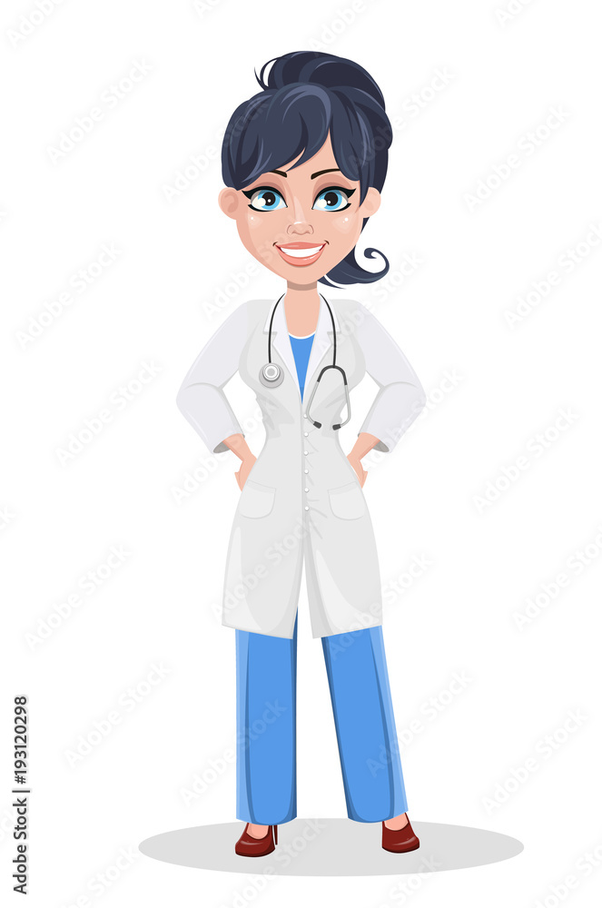 Beautiful cartoon character medic standing with hands on hips