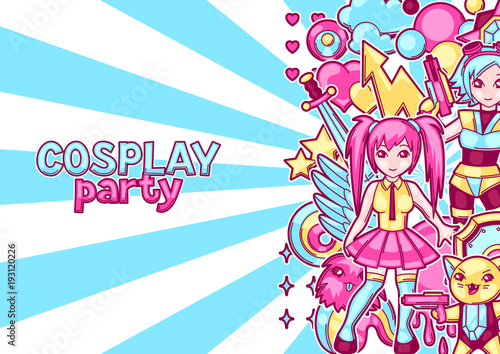 Japanese anime cosplay party invitation. Cute kawaii characters and items photo