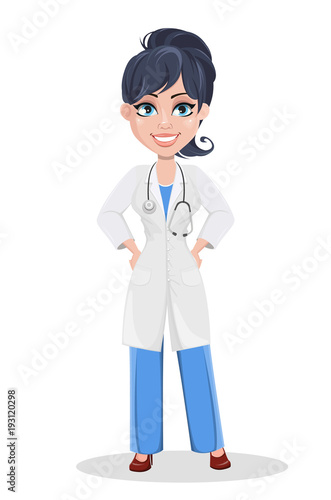 Beautiful cartoon character medic standing with hands on hips