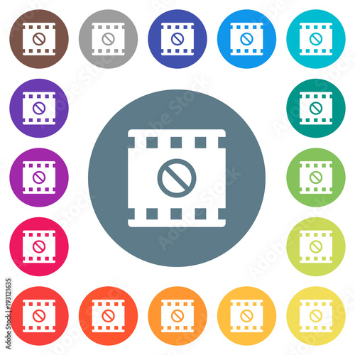 Movie disabled flat white icons on round color backgrounds