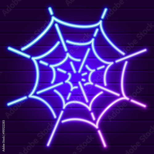 Neon spiderweb sign. Asymmetric spiderweb logo on dark wall. Halloween illustration. Eps10 vector