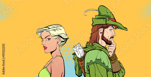 Man and woman. Couple thinking about something. Surprised pair. Modern girl and Medieval legend. Robin Hood. Defender of weak. Heroes of medieval legends. Halftone background. Surprised man.